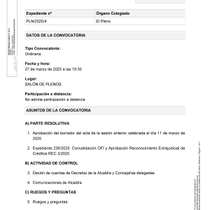 Convocatoria a Pleno sesión ordinaria, jueves 27 de marzo a las 19:30h